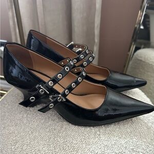 Ganni Black Patent Leather Wedge Pump with Buckle Detail